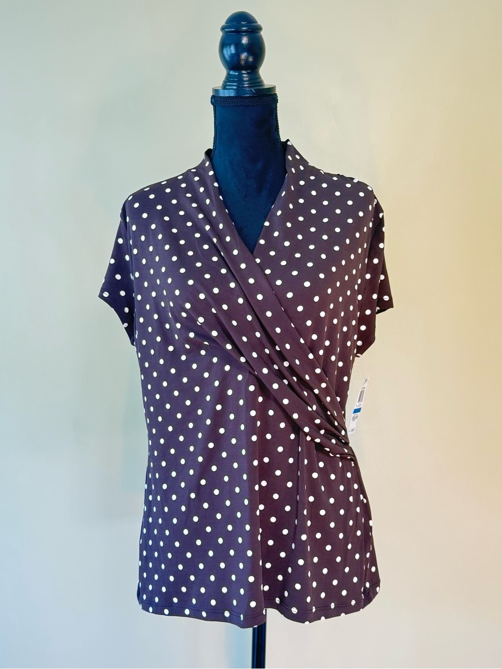 NWT Charter Club Faux Wrap Top Brown White Polka Dot V-Neck Blouse XL
